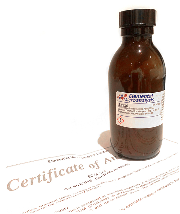 Ethylenediaminetetra-acetic Acid (EDTA) Standard Certified for Nitrogen 100g 338 00110.  See Certificate 370452 Expiry 09-Mar-26